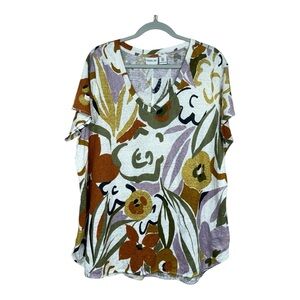 Rachel Zoe 100% Linen Short Sleeve Floral Print Tshirt Size 1X